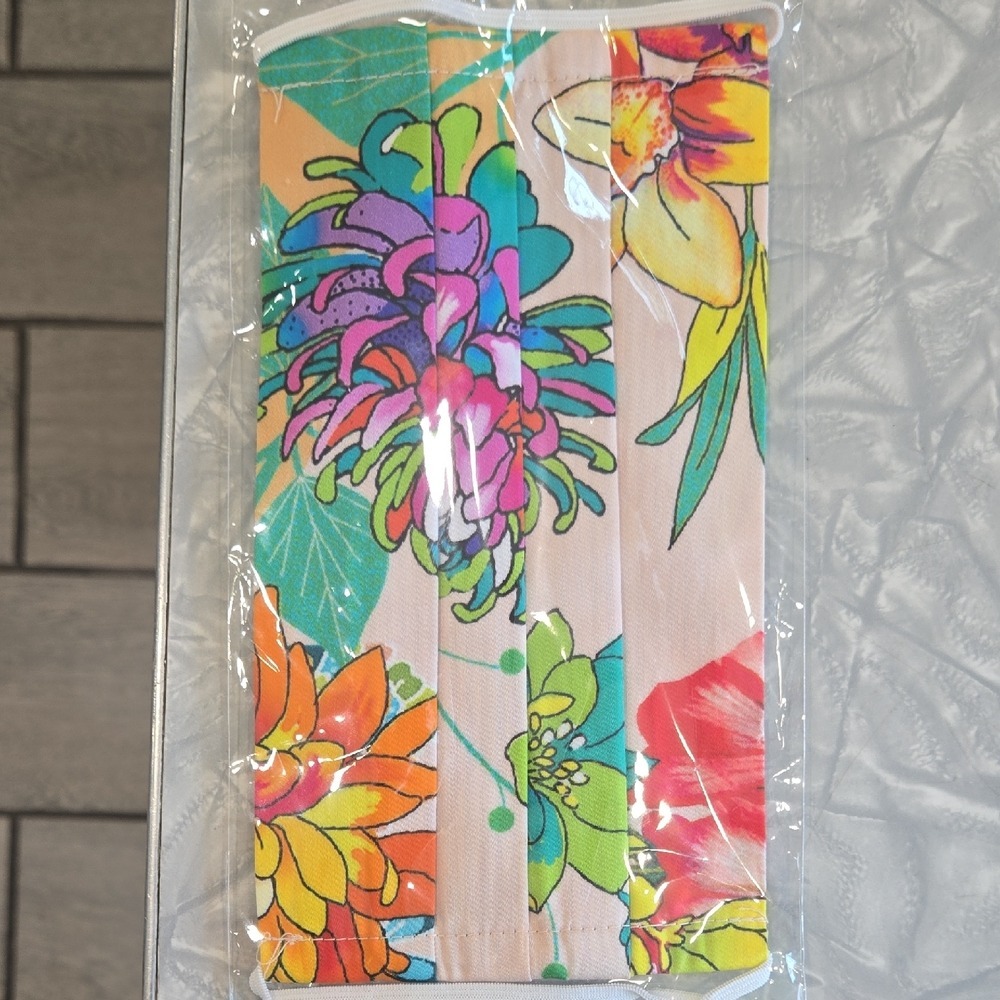 Johnny Was New Floral Face Mask Pleated Reusable Cloth Multi Pinstripe Lining